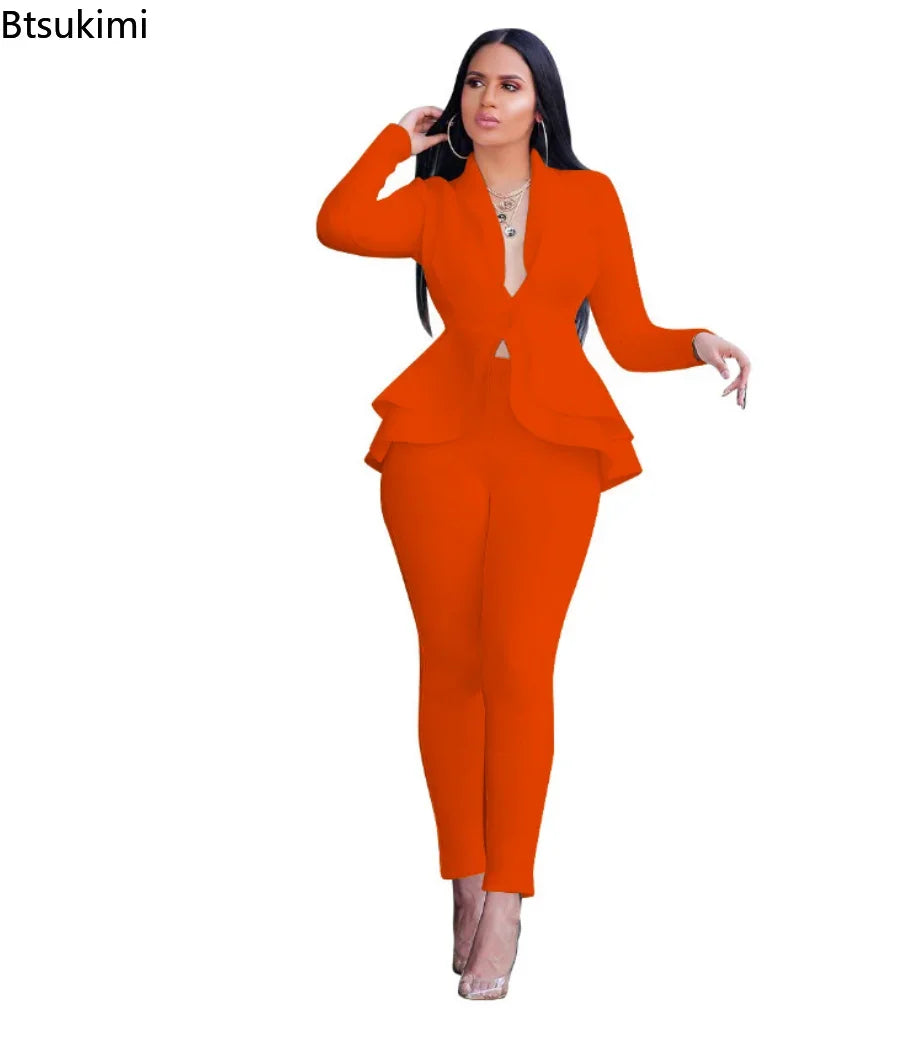 2024 Women's Formal Set 2PCS Tracksuit Full Sleeve Ruffles Blazers Pencil Pants Suit Two Piece Set Office Lady Outfits Uniform