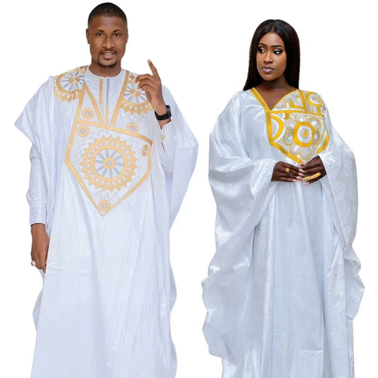 African Dresses For Women Bazin Riche Emboridery Design Floor Length Dress With Scarf Couple Design Fashion