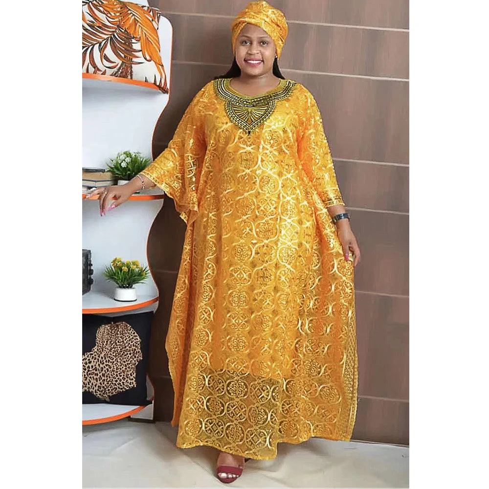 Dashiki African Dresses for Women Spring Summer African Women Blue Yellow O-neck Long Dress Inner and Headtie African Clothes