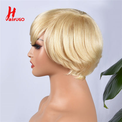 Short Blonde Full Machine Made Wigs For Women Cheap Pixie Cut Human Hair Wigs HairUGo Remy Blonde Pixie Cut Wig