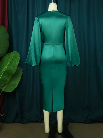 Long Sleeve Green Dresses Bodycon Elastic Satin Smocked Midi Dress Elegant Big Size Shiny Evening Christmas Party Church Outfits