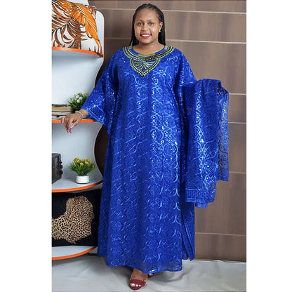 Dashiki African Dresses for Women Spring Summer African Women Blue Yellow O-neck Long Dress Inner and Headtie African Clothes