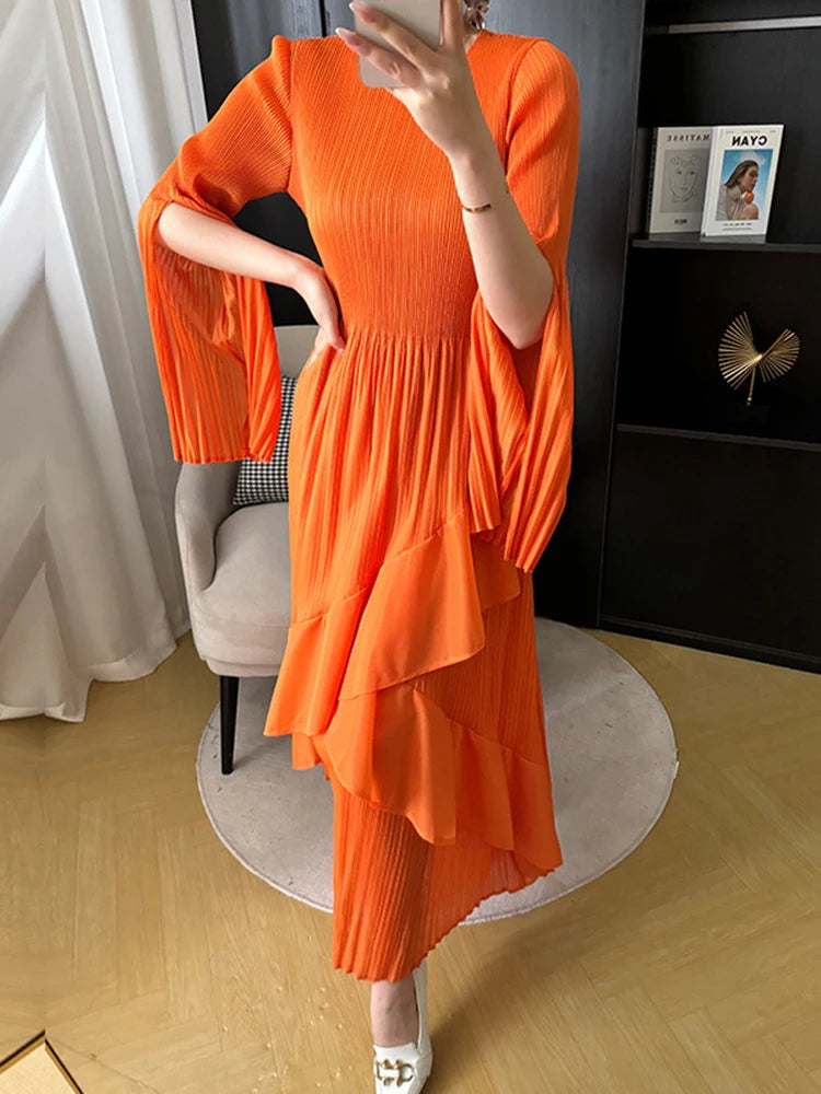 LANMREM Designer Pleated Long Dress For Women Sleeve Split Irregular Ruffles Solid Party Dresses Elegant 2024 Spring New 2DA4611