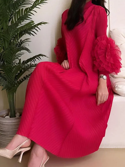 ANLAN Miyake Pleated Maxi Long Dress Mesh Petal Sleeve Half Turtleneck Formal Dresses for Women 2024 New Hot Sales 6KK9927