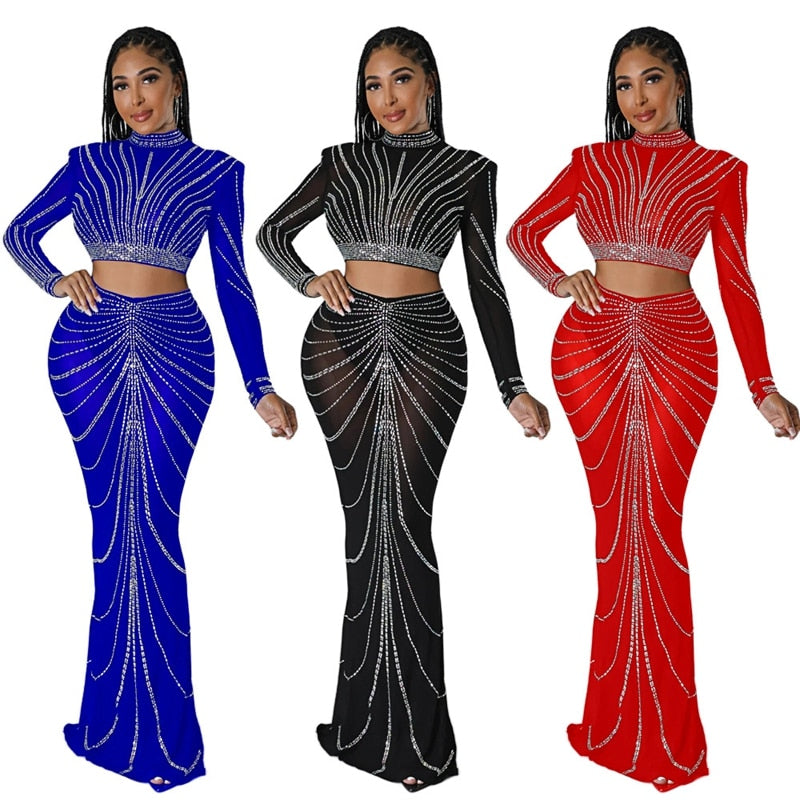 Maxi Mesh Sheer Diamond Rhinestone Dress for Birthday Outfits Long Sleeve Evening Club Sparkly Elegant Bodycon Party Dresses