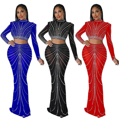 Maxi Mesh Sheer Diamond Rhinestone Dress for Birthday Outfits Long Sleeve Evening Club Sparkly Elegant Bodycon Party Dresses