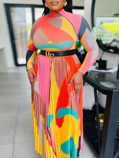 LW Plus Size Autumn & Winter Women Elegant Long Sleeve Maxi Dresses Color Contrast Print Pleated A Line Party Dress L-3XL