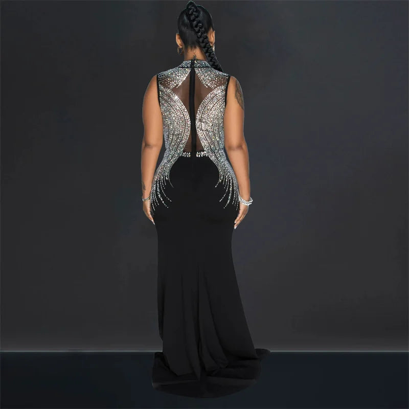 2024 New Women Sexy Evening Long Mermaid Dress Rhinestone Mesh Patchwork Split Side Elegant Party Maxi Dress Black White Red