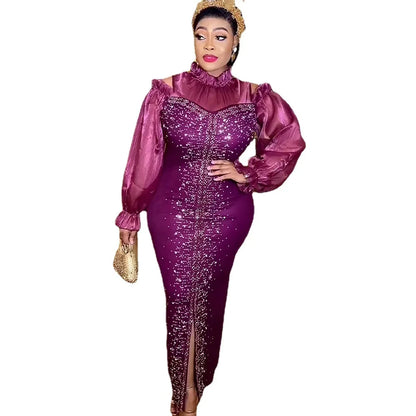 Summer Africa Women Long Sleeve O-neck Puff Sleeve Polyester Long Dress Maxi Dress African Wedding Party Dresses for Women