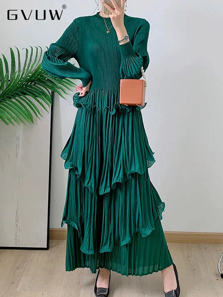 GVUW Pleated Fungus Dress Women Round Collar Full Sleeve Solid Color A Line Chic Style Fashion New 2024 Female Dresses 17G7795