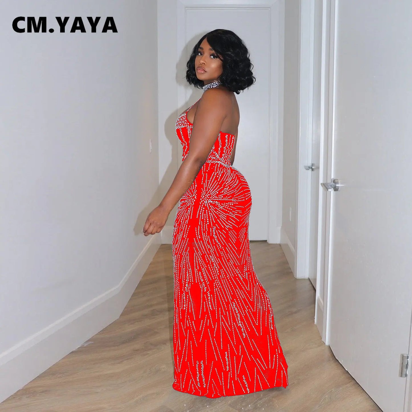 CM.YAYA Women Diamonds Hot Rhinestones Mesh See Though Halter Neck Floor Length Maxi Long Bodycon Midi Sexy Party Club Dresses