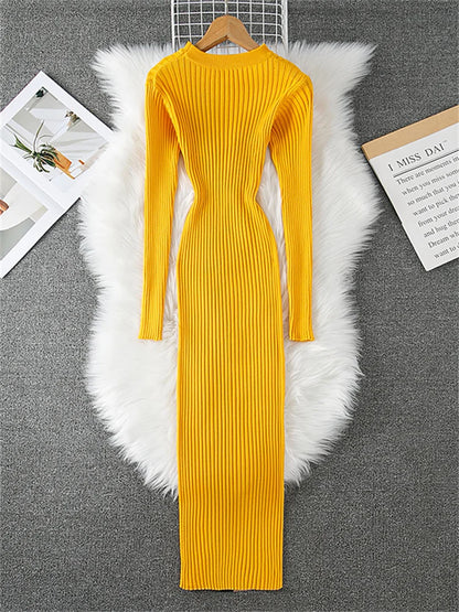 New Fashion Mid-length Knitted Dress for Women's O-neck Long Sleeve Striped Color Blocking Sashes Bodycon Sweater Dresses