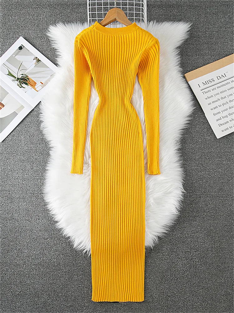 New Fashion Mid-length Knitted Dress for Women's O-neck Long Sleeve Striped Color Blocking Sashes Bodycon Sweater Dresses