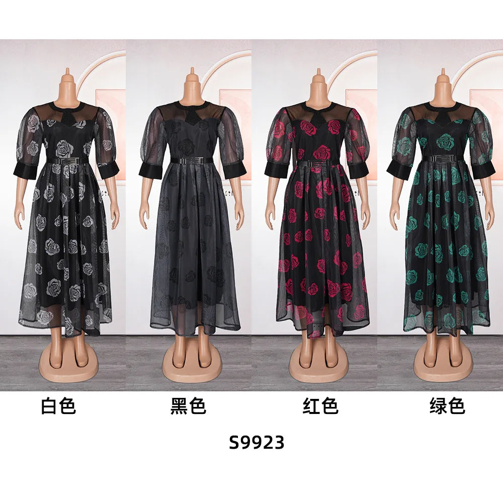 Print Mesh Maxi Dress African Clothes For Women Clothing 2024 Spring Summer Elegant O Neck A Line Long Dresses Vestidos Robe