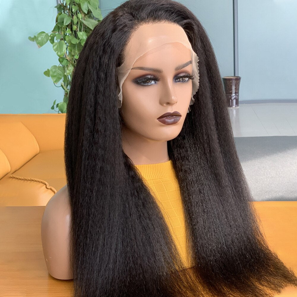 Soft Yaki 26" Long Natural Black Kinky Straight Preplucked 180%Density Glueless Lace Front Wig For Women With BabyHair Daily