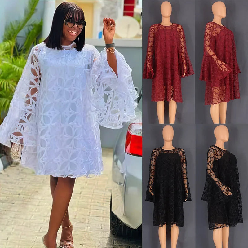 African Party Dresses for New Women Dashiki Ankara Lace Ruffles Sleeve Boubou Robe Abaya Dubai Kaftan Maxi Gown Africa Clothing