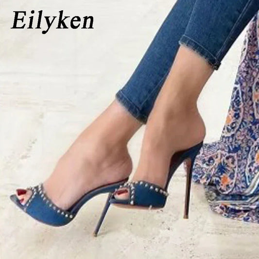 Eilyken New Design Rivet Slippers Women Pointed Toe Slide Shoes Fashion Party Prom Stiletto High Heels Sandals