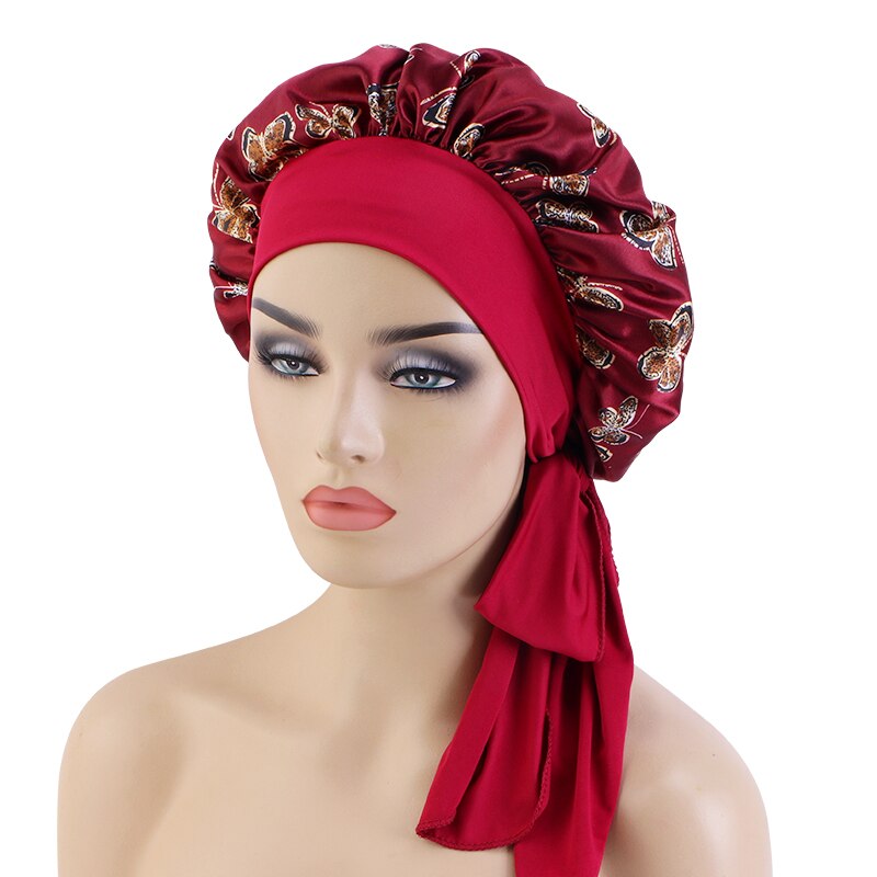 Extra Large Satin Sleeping Cap Hair Bonnet For Women African Pattern Ankara Print Long Tail Bonnets Wide Stretchy Band Hat