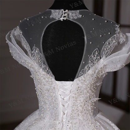 Exquisite Off Shoulder Luruxy Wedding Dress 2023 New Bride Small Main Yarn Super Heavy Industry Beading Pearls Tail Princess