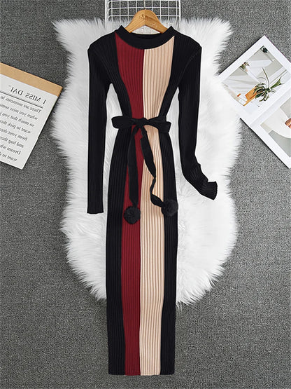 New Fashion Mid-length Knitted Dress for Women's O-neck Long Sleeve Striped Color Blocking Sashes Bodycon Sweater Dresses