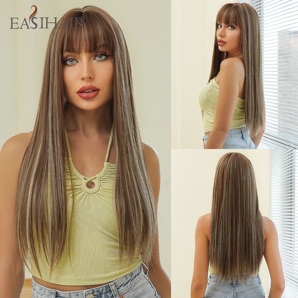 EASIHAIR Long Straight Synthetic Wigs for Women Ombre Brown Golden Blonde Middle Part Heat Resistant Cosplay Wig Natural Hair