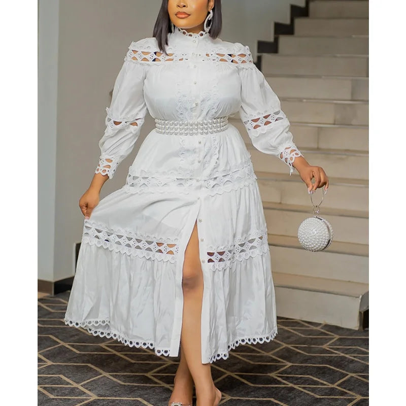 Elegant Chic Women White Dresses Hollow Out Lace Splice Mock Neck Long Sleeve A Line Midi Dress Casual Party Club Outfits