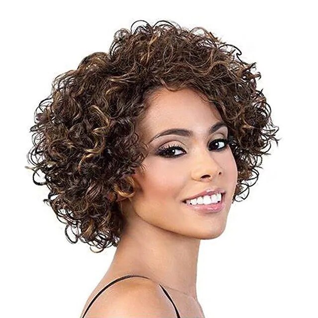 Ombre Short Curly Synthetic Hair Wigs For Black Women Short Curly Wigs Synthetic Hair Highlighted Piano Color Side Part Wigs