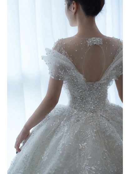 Exquisite Off Shoulder Luruxy Wedding Dress 2023 New Bride Small Main Yarn Super Heavy Industry Beading Pearls Tail Princess