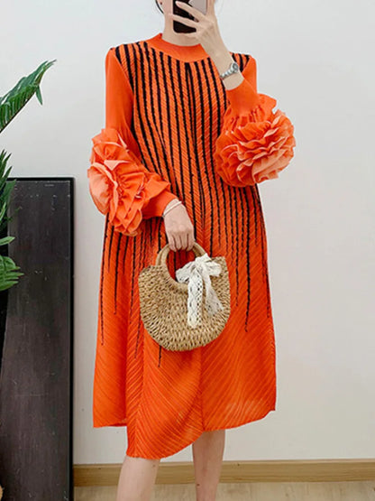 LANMREM Striped Print Pleated Mid Length Dress For Women Floral Sleeves Loose A-line Dresses Fashion 2025 Spring New 2DA4162