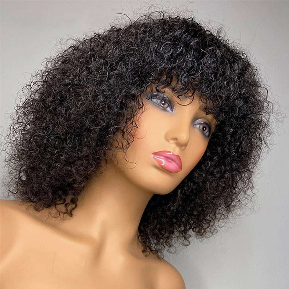 Brazilian Kinky Curly Human Hair Wigs With Bangs Short Brazilian Remy Human Hair Full Machine Made Wigs for Black Women Glueless