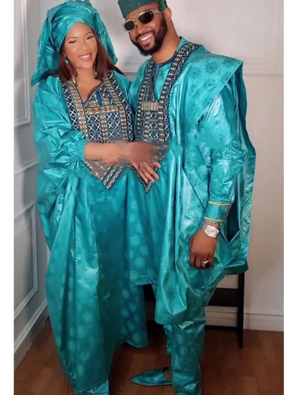 Elegant African Dresses for Women Traditional Bazin Embroidery Wedding Party Dresses Dashiki African Couples Matching Clothes