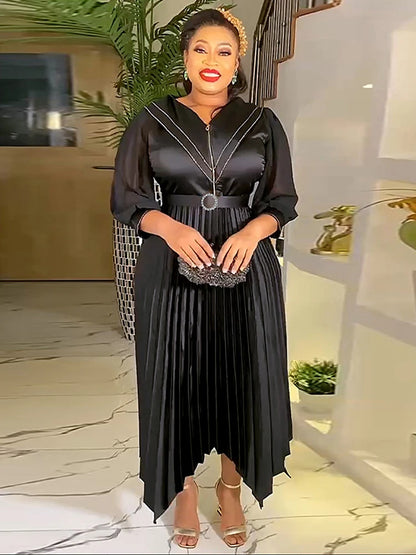 2023 Autumn Pleated Dresses For Women African Turkey Maxi Robe Dashiki Outfits Office Ladies Elegant Robe Party Evening Dress