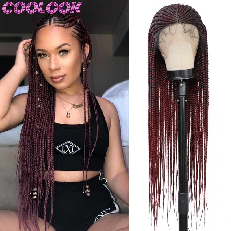 Ombre Red Box Braid Wig with Baby Hairs Long Cornrow Braid Lace Front Wigs for Women Synthetic Knotless Box Braided Frontal Wig