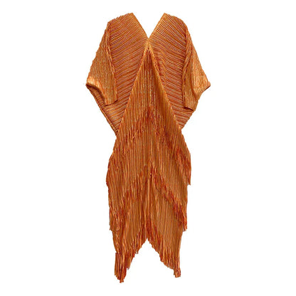 Wrinkle Fringe Dress for Autumn 2024, New Women's Hot Stamping V-neck, Loose and Elegant, Niche Temperament, Socialite Style