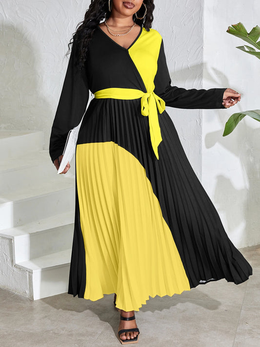 LW Plus Size Women Autumn&Winter Elegant Long Sleeve Bandage Patchwork Surplice Neck Pleated Tied Color Block A Line Dress