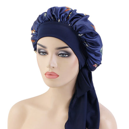 Extra Large Satin Sleeping Cap Hair Bonnet For Women African Pattern Ankara Print Long Tail Bonnets Wide Stretchy Band Hat