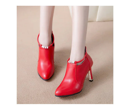 Classic Women Boots new Winter Shoes Women Shallow pointed Toe Red Women's Boots Thin Heels Ankle Boots Pu Leather Shoes Large