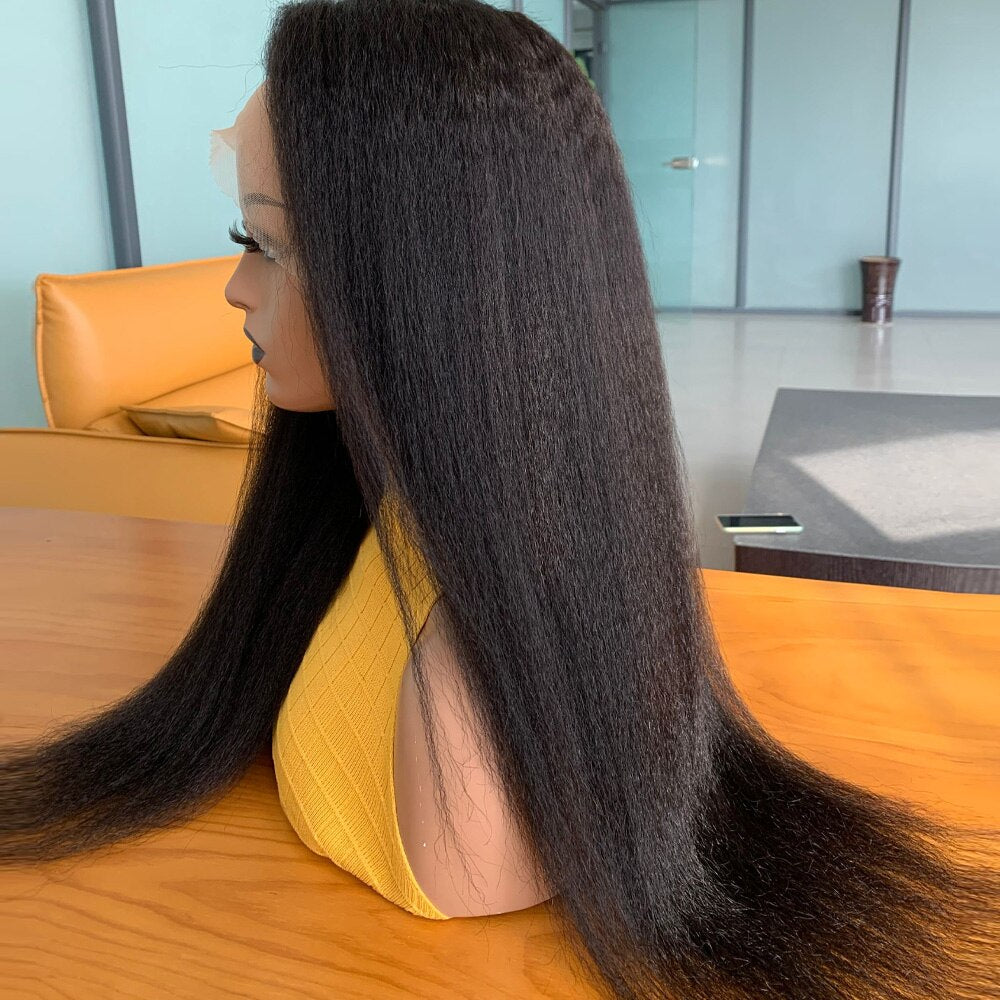 Soft Yaki 26" Long Natural Black Kinky Straight Preplucked 180%Density Glueless Lace Front Wig For Women With BabyHair Daily