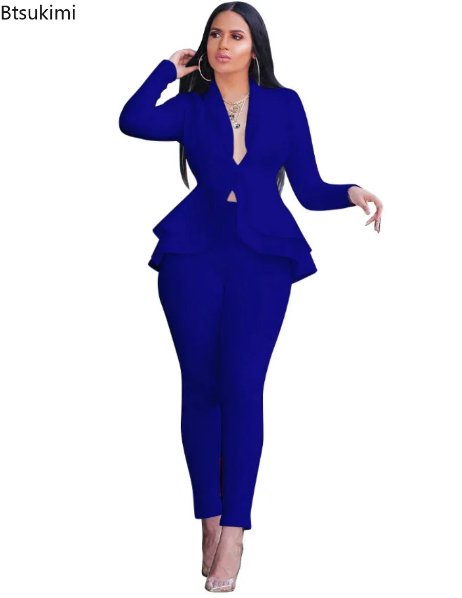 2024 Women's Formal Set 2PCS Tracksuit Full Sleeve Ruffles Blazers Pencil Pants Suit Two Piece Set Office Lady Outfits Uniform