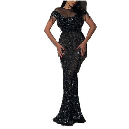 Women Party Formal Dress Sexy Tassel Sequins Lace Mesh See-through Stitching Dress Women's O-Neck Short Sleeve High Waist Dress