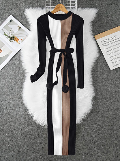 New Fashion Mid-length Knitted Dress for Women's O-neck Long Sleeve Striped Color Blocking Sashes Bodycon Sweater Dresses