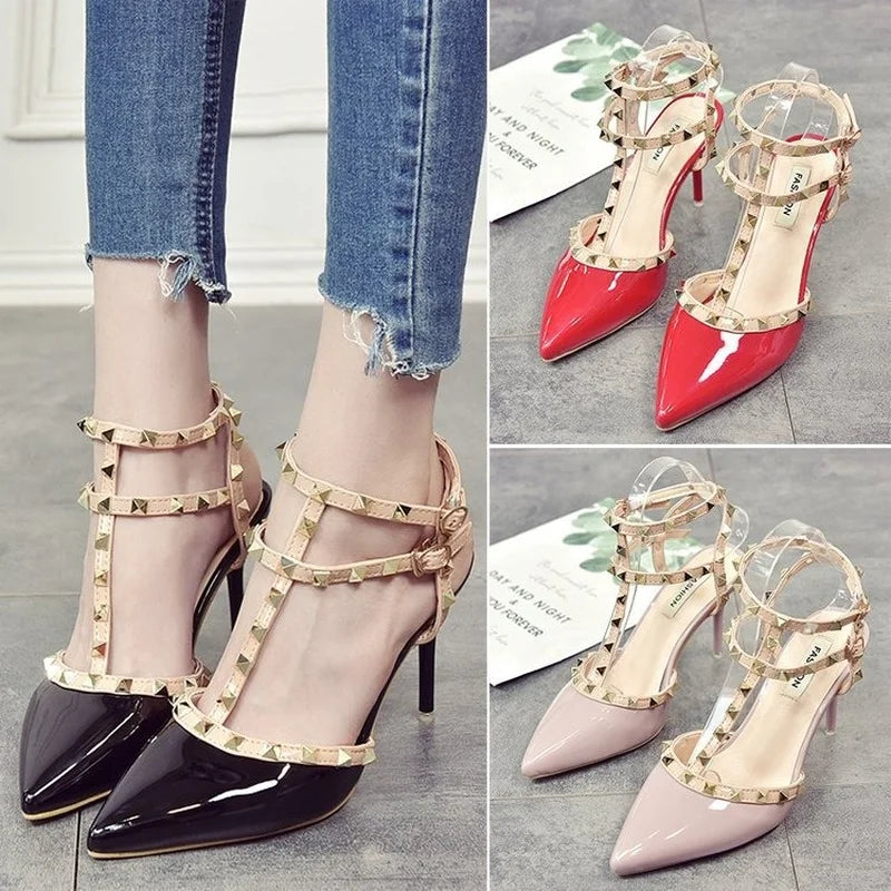 2022 New 10CM New High-heeled Shoes Female Pointed Stiletto Sexy Nightclub Word with Rivets Wild Sandals Female Summer