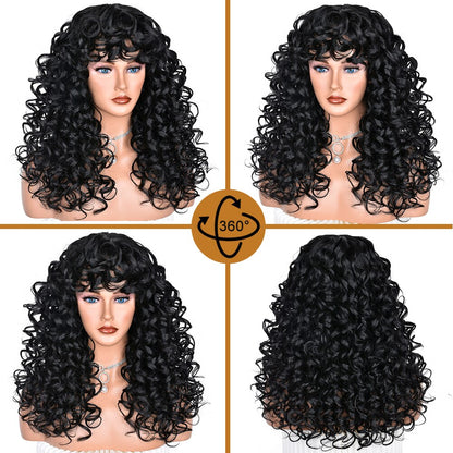 Black Curly Wig With Bangs Long Curly Afro Wigs for Women Synthetic Fiber Glueless Hair for Daily Use Party Halloween Cosplay