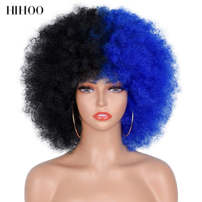 Halloween Wig Short Black Hair Cosplay Afro Kinky Curly Wig With Bangs Women's Wigs Blonde Wig Pink Synthetic Wig Blue Red Brown