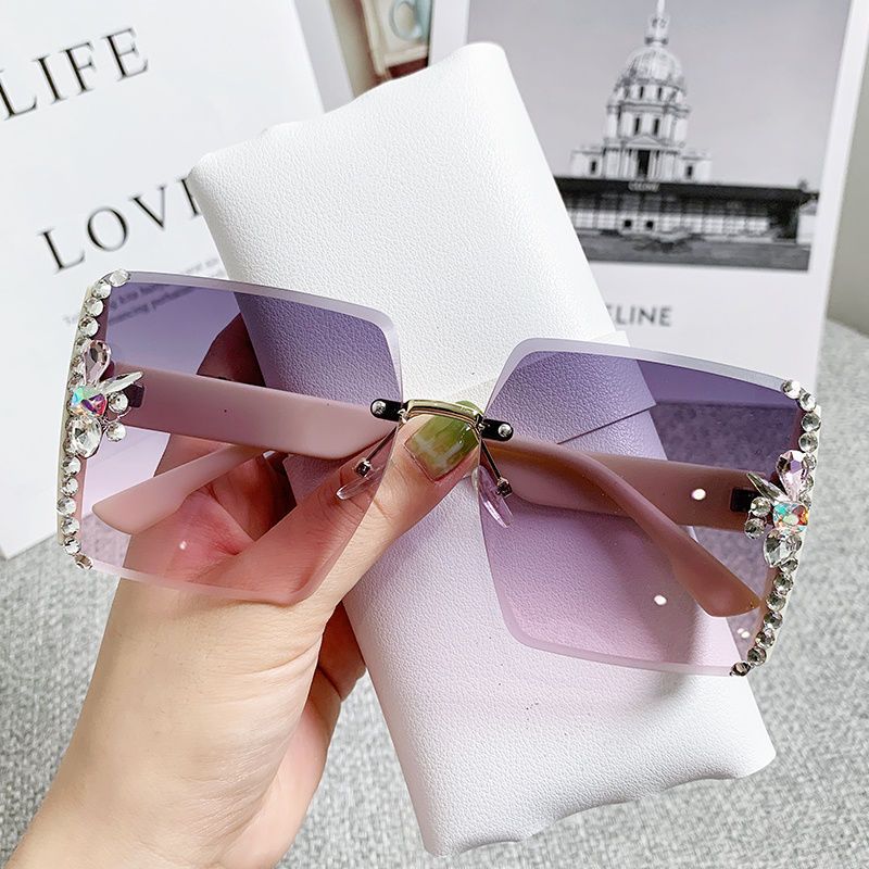 2022 High Quality Rimless Square Diamond Sunglasses Women Brand Designer Vintage Shades Female Pink Eyewear Gafas De Sol