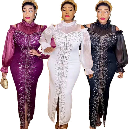 African Dashiki Luxury Women Mesh Diamonds Plus Size Evening Dresses Dubai Turkey Gown Wedding Party Dress Robe Africa Clothing