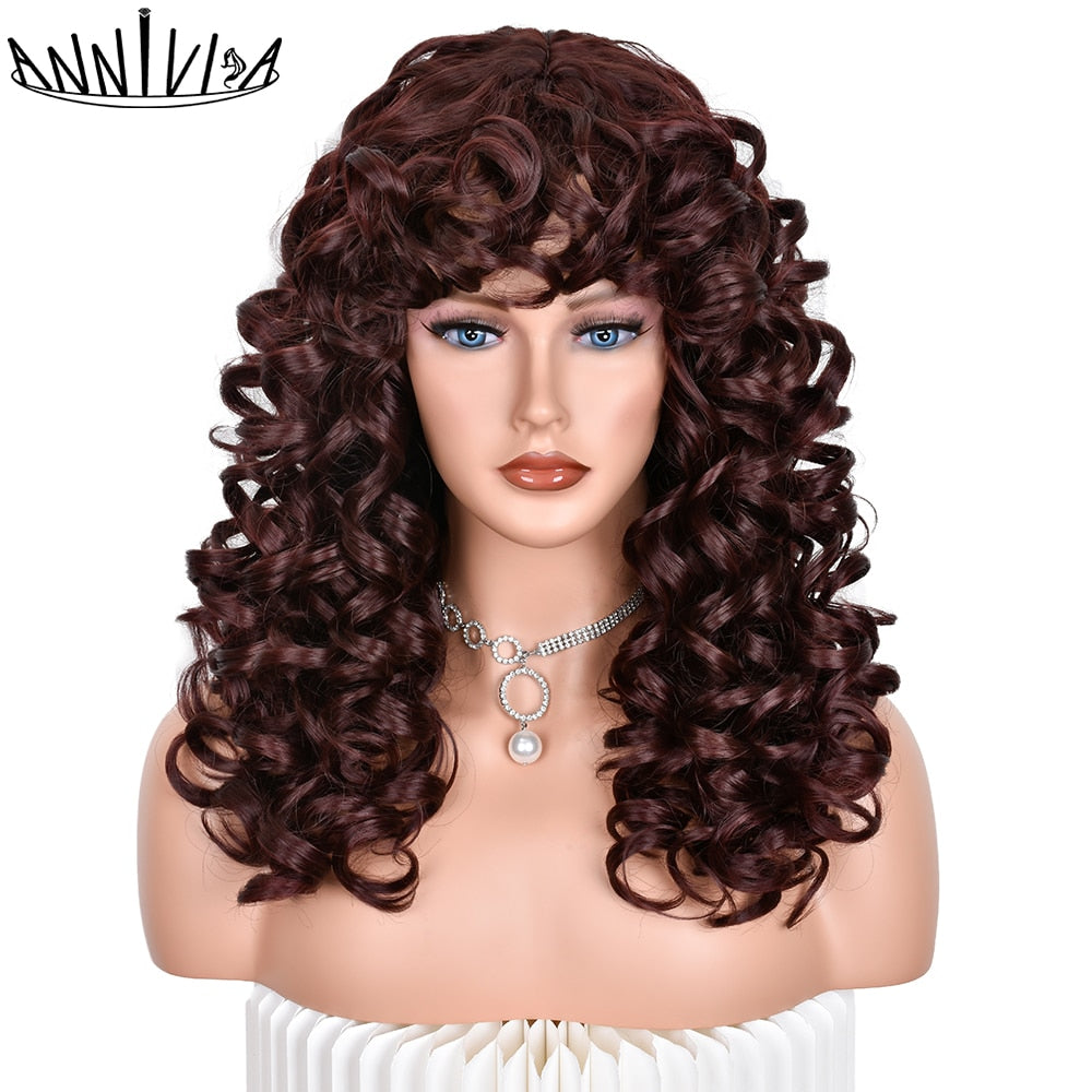 Black Curly Wig With Bangs Long Curly Afro Wigs for Women Synthetic Fiber Glueless Hair for Daily Use Party Halloween Cosplay