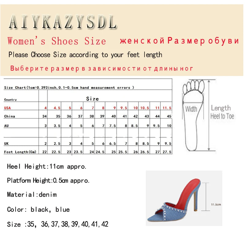 AIYKAZYSDL 2024 Summer Rivets Studs Slides Women Denim Pointed Peep Toe Pumps Slippers Mules Stripper Shoes High Heel Clubwear