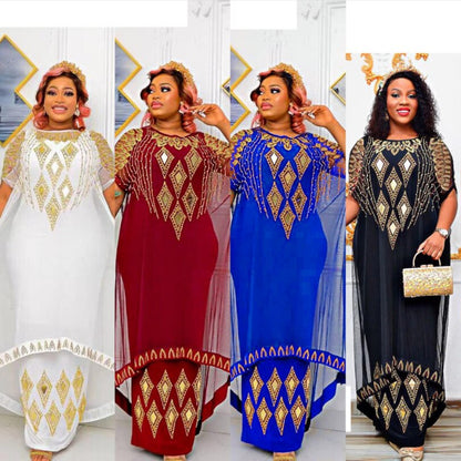 Fake Two-Piece African Dresses for Women 2023 Traditional Nigeria Mesh Hot Drill Caftan Dress Abaya Musulman Robe Femme Clothes