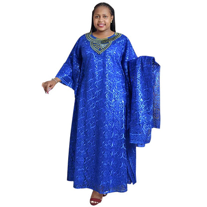 Dashiki African Dresses for Women Spring Summer African Women Blue Yellow O-neck Long Dress Inner and Headtie African Clothes